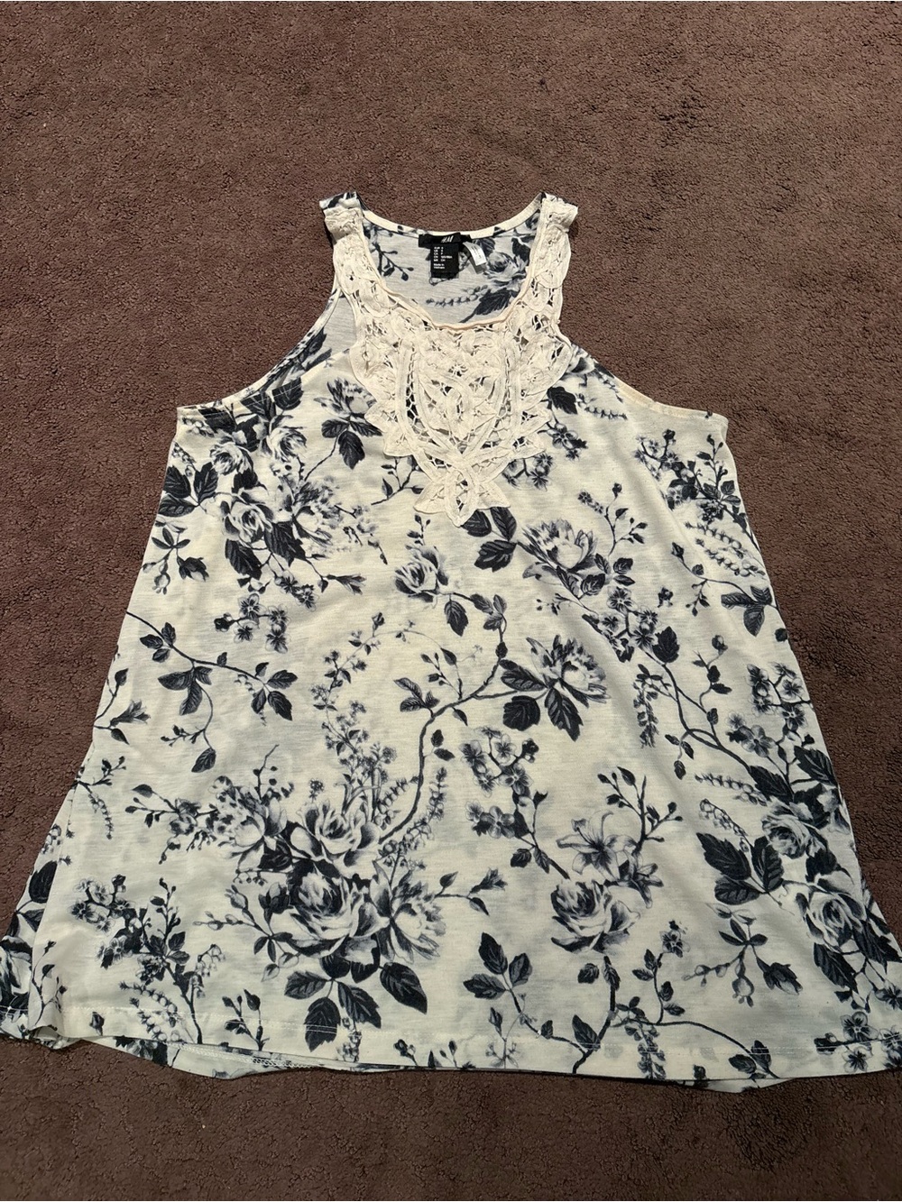 H&M Cream Tank Top with Navy Floral Print and Lace Detail